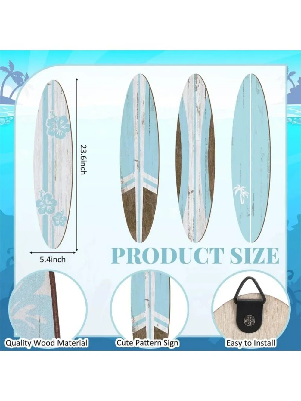 4 Pcs Large Surfboard Wall Decor - Tropical Beach Aesthetic Art for Room